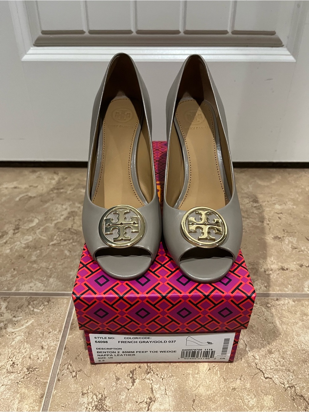 Tory Burch Gray Peep-Toe Wedges with Gold Logo
